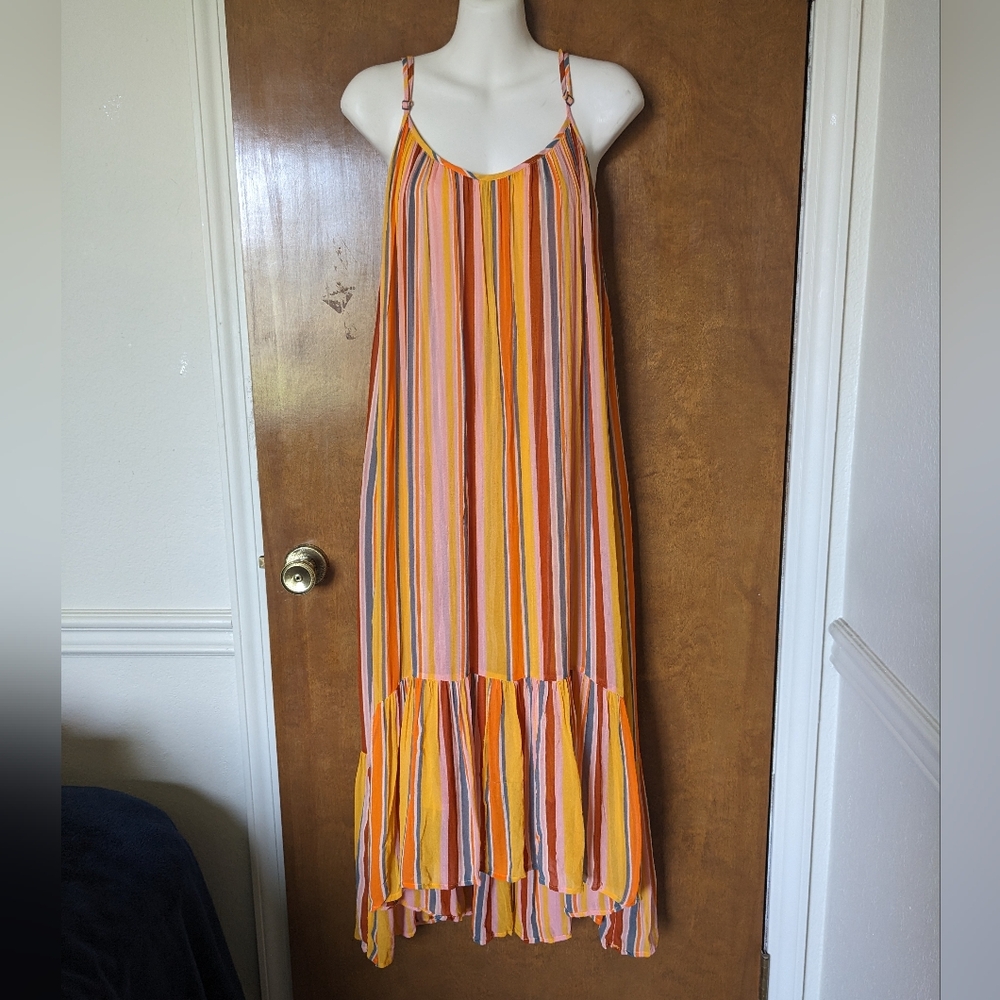 All Saints Paola Cotton Orange Yellow Pink Stripe Spaghetti Strap Midi Dress